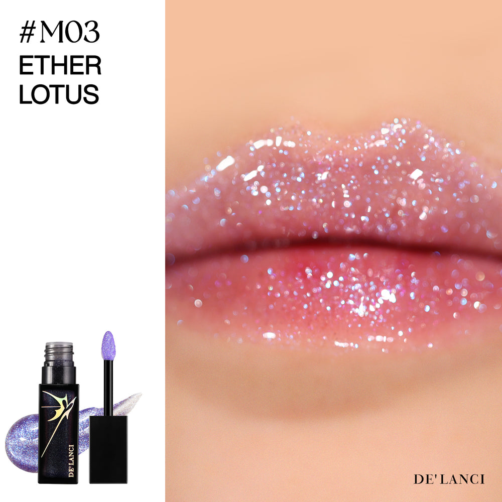 DE'LANCI Alter Realm Glitter Lip Gloss – M03 Ether Lotus (Purple Blue Shimmer, Vegan, Waterproof)