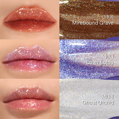 DE'LANCI Alter Realm Glitter Lip Gloss - M01 Mirebound Grave Waterproof, Chameleon Brown Shimmer